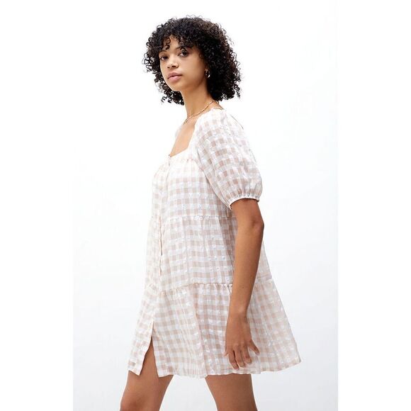 En Saison Value Mini Dress M White Rust Pink Gingham Puff Sleeve Tie Back Tiered - Picture 5 of 12